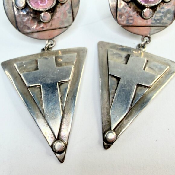 Vintage Handmade Lia Abbott Sterling Amethyst Cabochon Cross Earrings JR1304